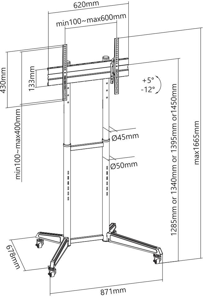 Stojan na televizi, zobrazuje rozměry: šířka 620 mm, výška 430 mm, nastavitelné tyče 1285 mm-1655 mm, s úhlem naklonění +5° až -12°.