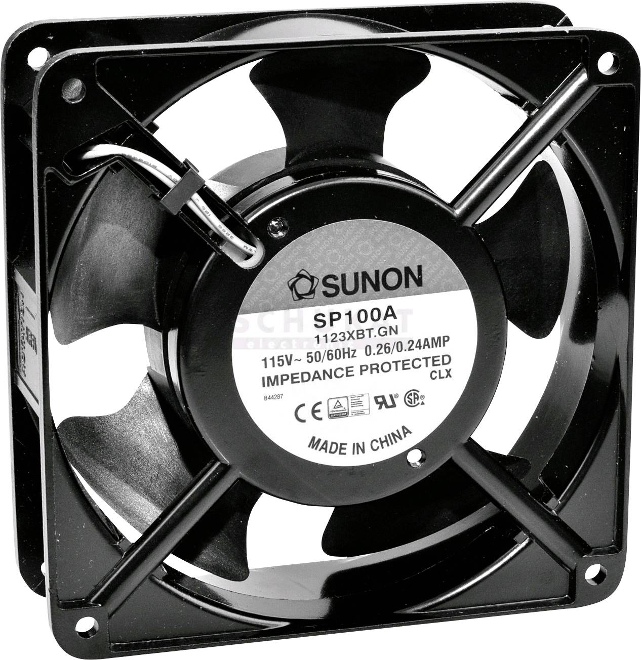 Černý ventilátor s nápisem "SUNON SP100A" uprostřed. Technické parametry: 115V, 50/60Hz, ochrana před impedančním přetížením.