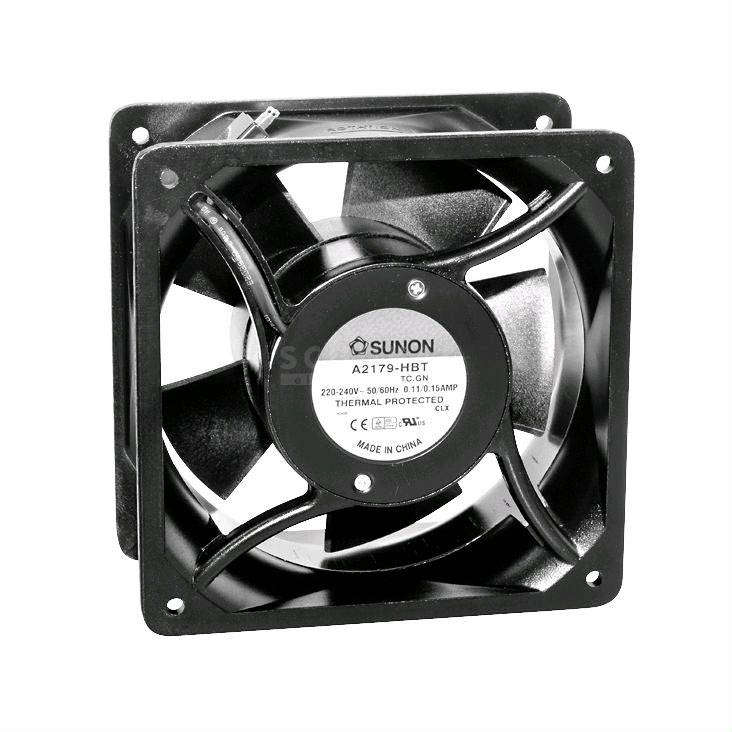 Černý, čtvercový ventilátor s nápisem 'SUNON', model 'A2179-HBT', vhodný pro 220-240V s tepelnou ochranou.