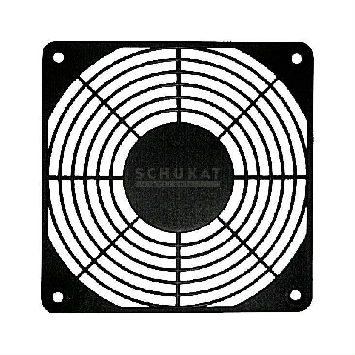 Černá, čtvercová kovová ventilační mřížka s jemnými linkami mřížky a čtyřmi upevňovacími otvory v rozích.