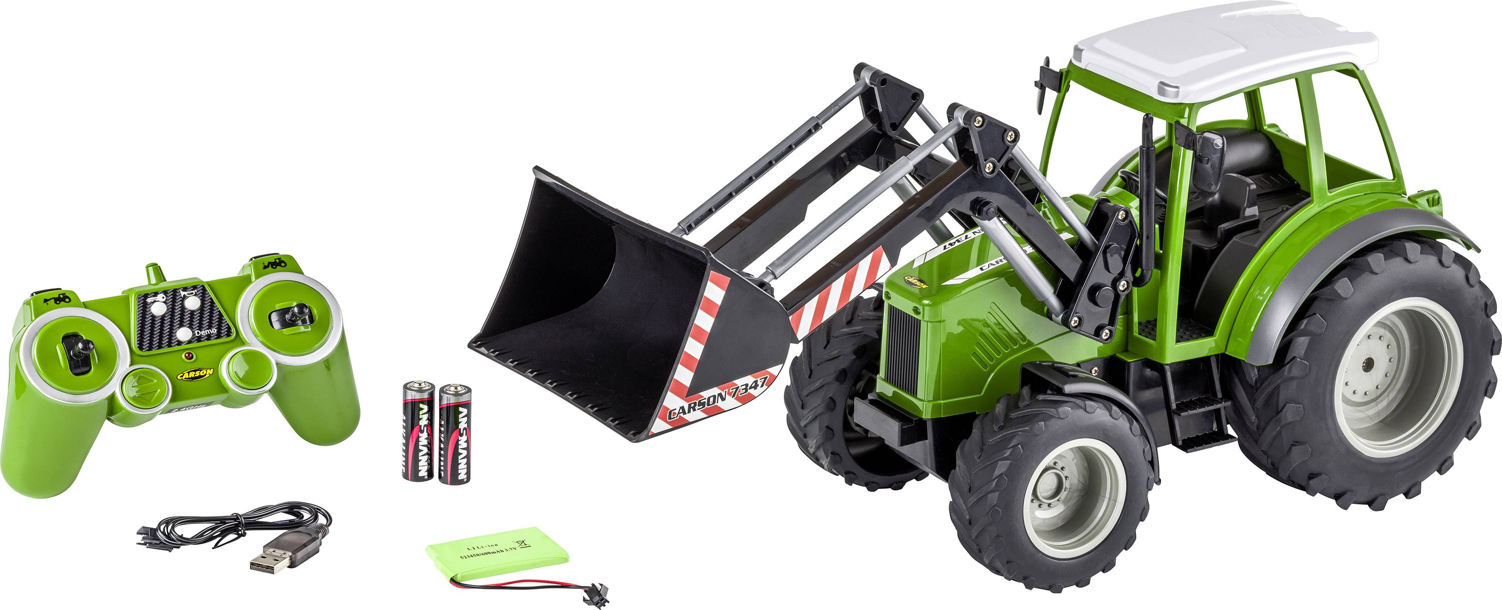 Dálkově ovládaný zelený traktor s ložnou plochou, včetně řízení, baterií a nabíjecího kabelu v balení.