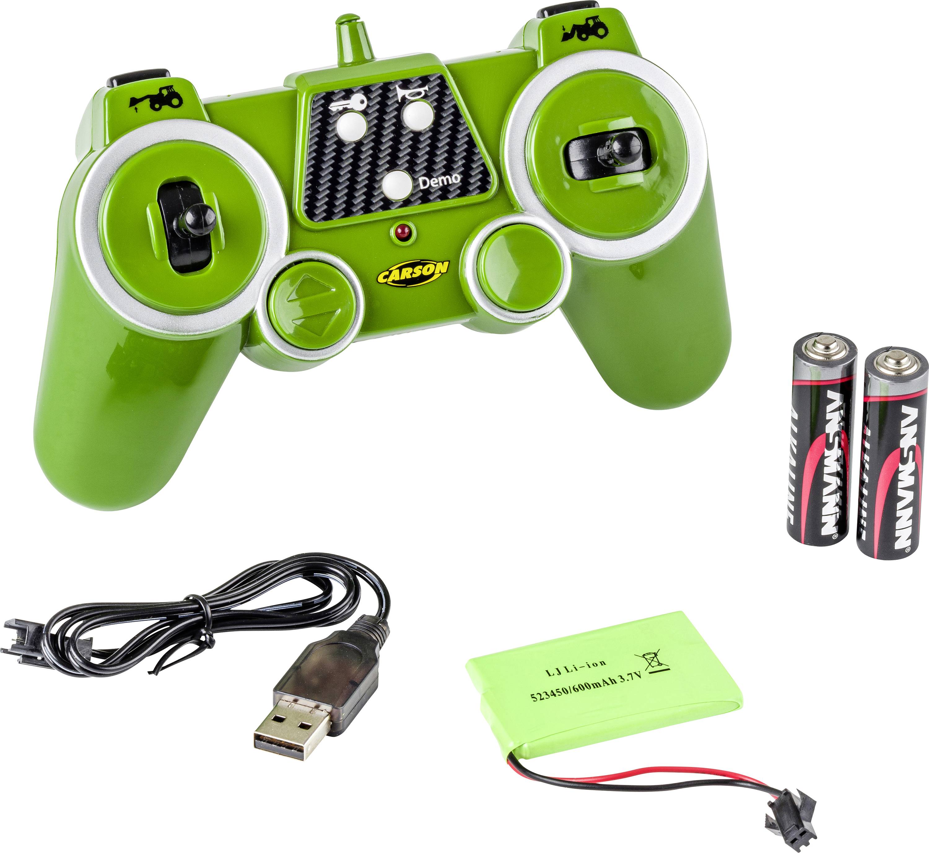 Zelená dálková ovladač pro modelová vozidla se dvěma bateriemi, USB kabelem a zeleným akumulátorem.