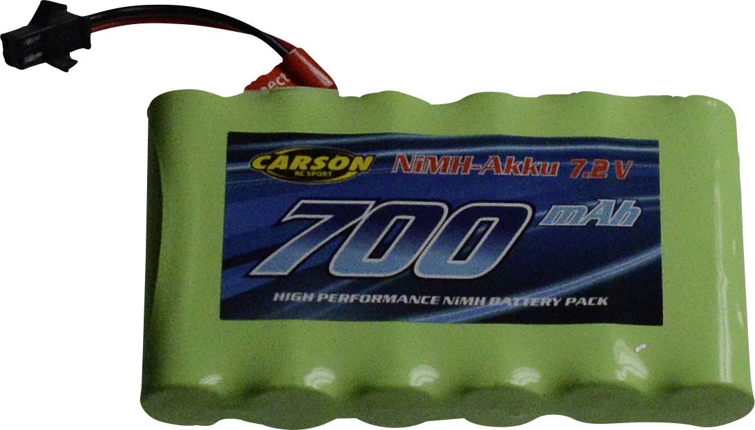 Akumulátorový balíček s nápisem 'NiMH akumulátor 7,2 V, 700 mAh', zelený, vhodný pro vysoce výkonné aplikace, s připojovacím kabelem.