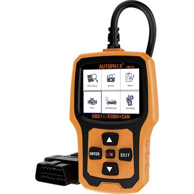 Oranžový skener s displejem a tlačítky, který zobrazuje možnosti diagnostiky vozidla. Text na zařízení: 'AUTOPHIX OBDII/EOBD+CAN'. Kabelové připojení vlevo.