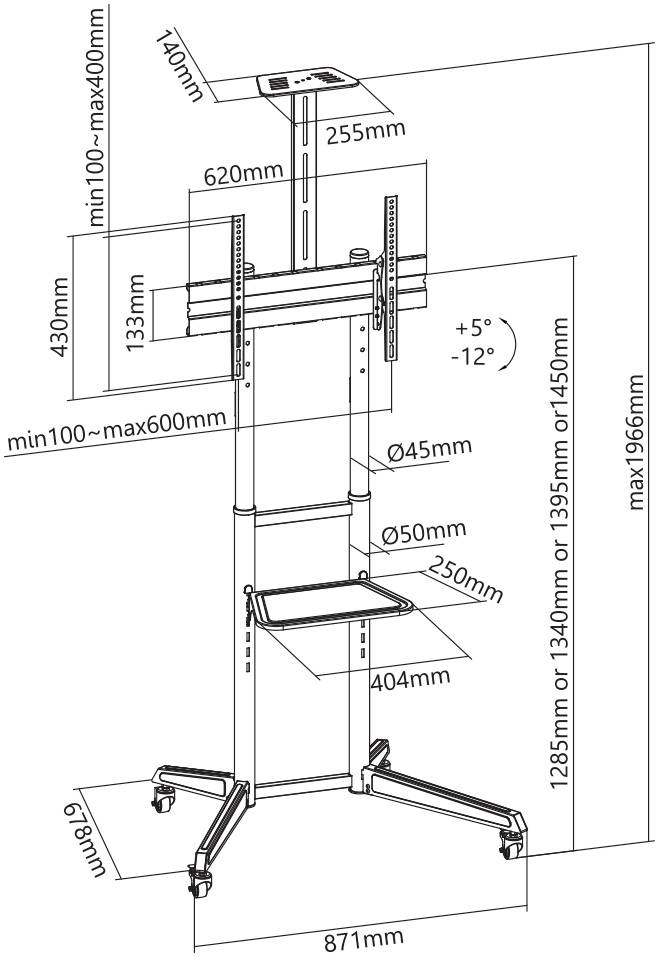 SpeaKa Professional TV kolečkový vozík 94,0 cm (37") - 177,8 cm (70") podlahový stojan, naklápěcí, nastavitelná výška-9