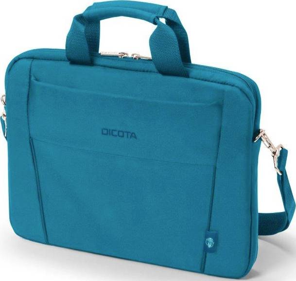 Modrá laptoptaška s držadlem a ramenním popruhem. Má přední kapsu a zip nahoře.