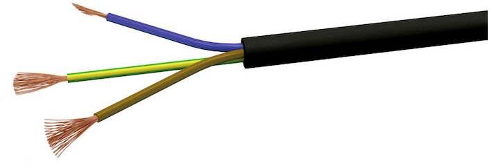 Černý kabel se třemi měděnými vodiči uvnitř: modrý, zeleno-žlutý a hnědý. Typické pro elektrické přípojky.