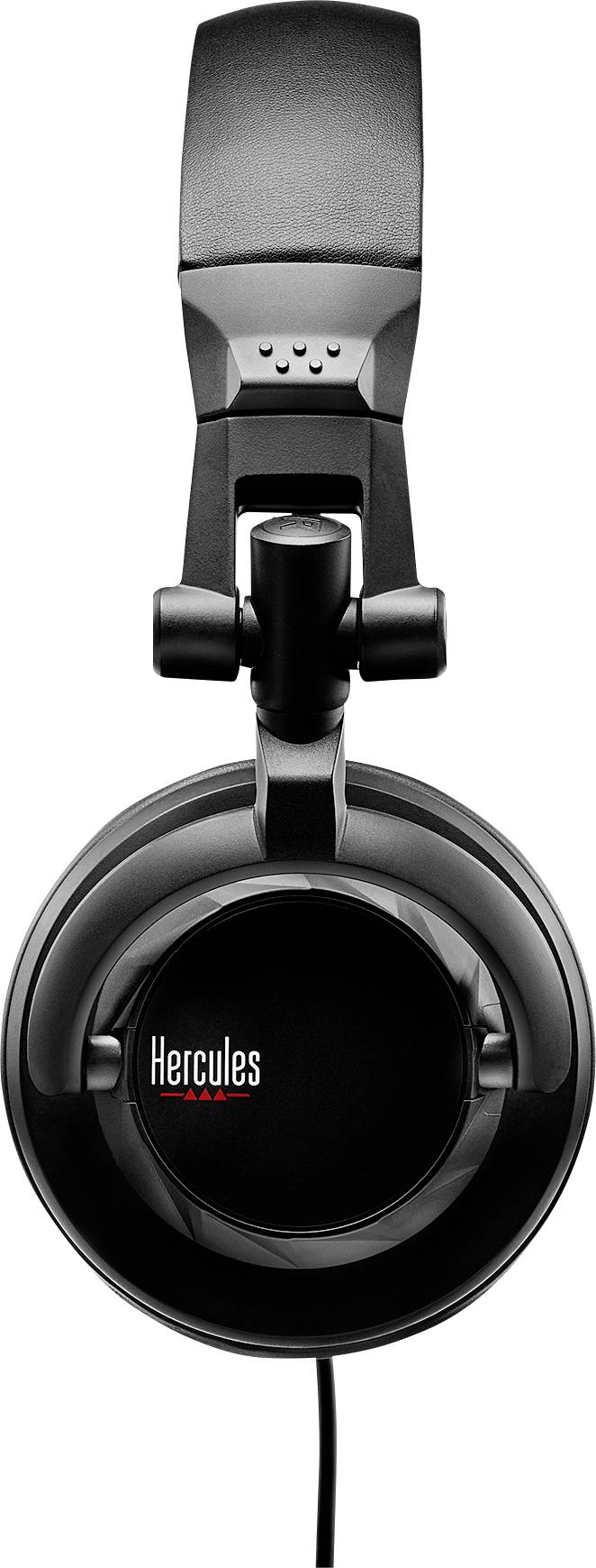 Černé over-ear sluchátka značky Hercules, zobrazené z čelního pohledu, s polstrovaným obloukem a kabelovým připojením dole.