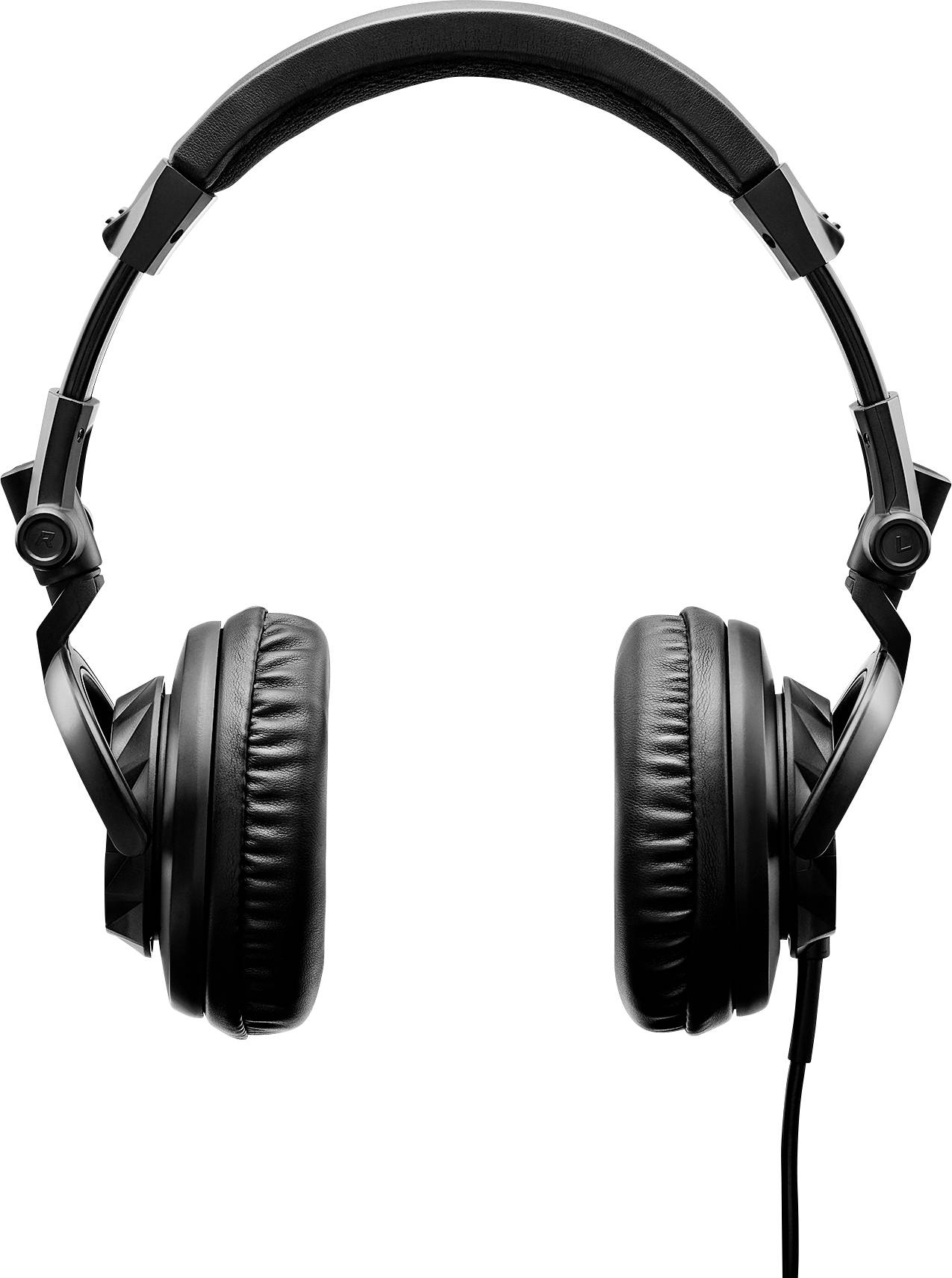 Černé over-ear sluchátka s polstrovanými náušníky a nastavitelným obloukem, zobrazená centrálně na světlém pozadí.