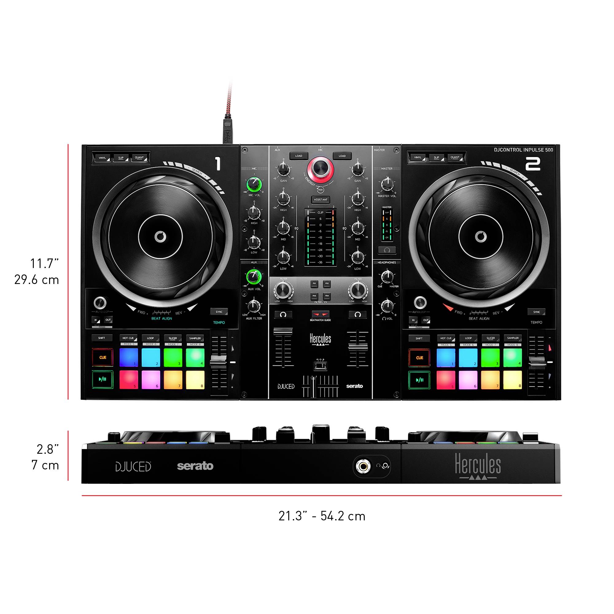 Dva gramofony s centrální mixážní konzolí pro použití DJ. Osvětlené pady a tlačítka ukazují různé možnosti ovládání.
