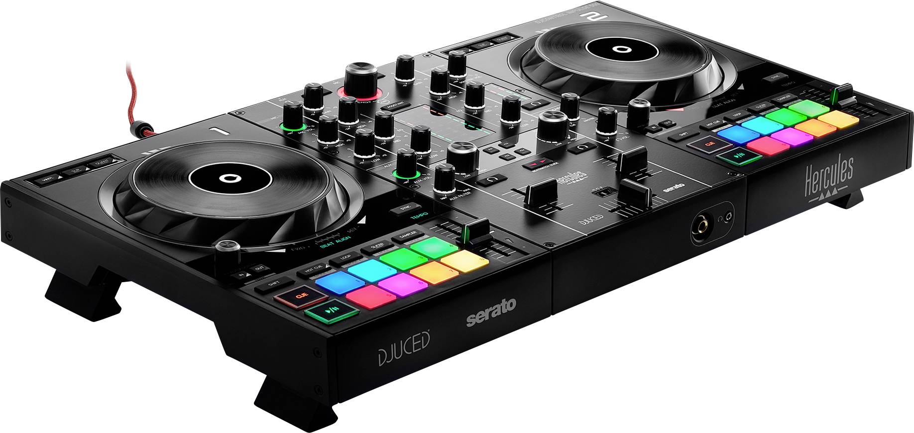 DJ kontrolér se dvěma gramofony, několika ovladači a barevnými pady. Vhodný pro míchání hudby a živé vystoupení.
