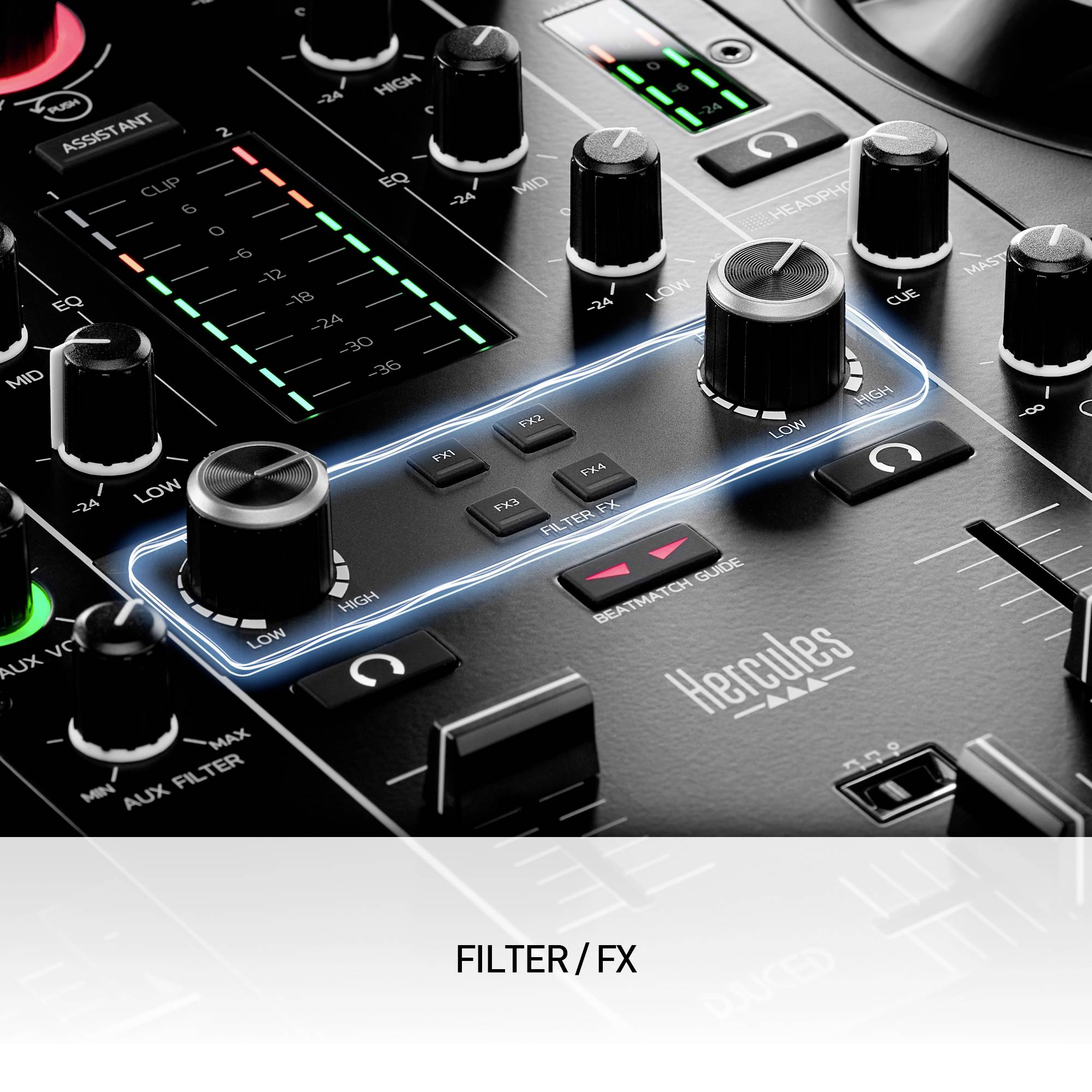 Mixážní pult DJ s několika ovladači a tlačítky. Světelné linie zvýrazňují oblast 'Filtr/Efekty'.