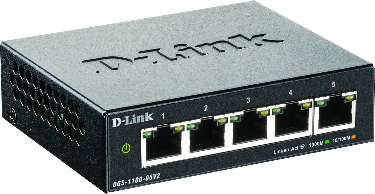 Síťový switch D-Link s pěti porty, model DGS-1100-05V2, černý, zobrazující přední stranu s pěti ethernetovými porty a tlačítkem napájení.