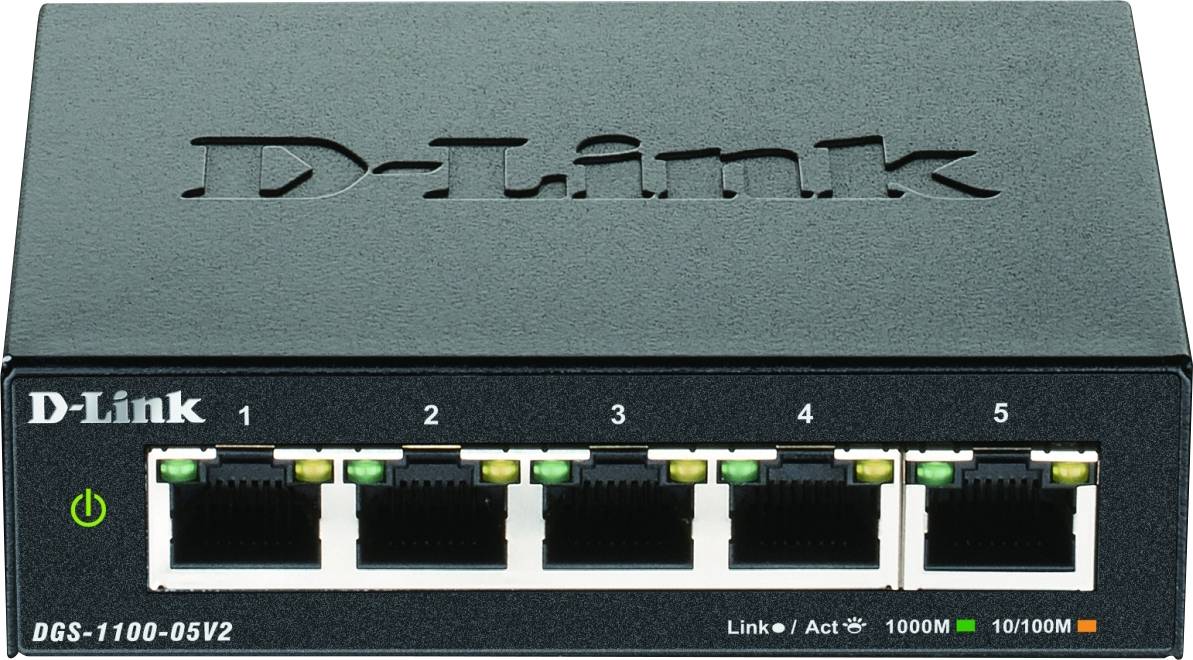 Černý 5portový síťový switch značky D-Link, model DGS-1100-05V2. Porty jsou očíslovány a vybaveny LED indikátory.