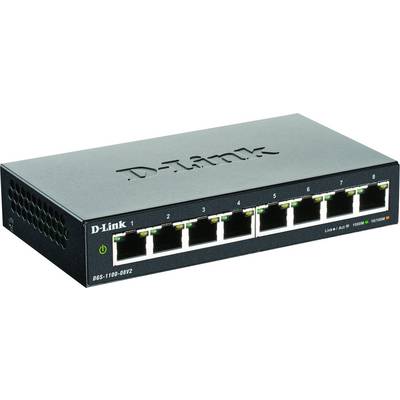 Černý síťový switch D-Link s 8 porty, vybavený zelenými a oranžovými LED indikátory pro zobrazení stavu připojení. Číslo modelu 'DGS-1100-08V2'.
