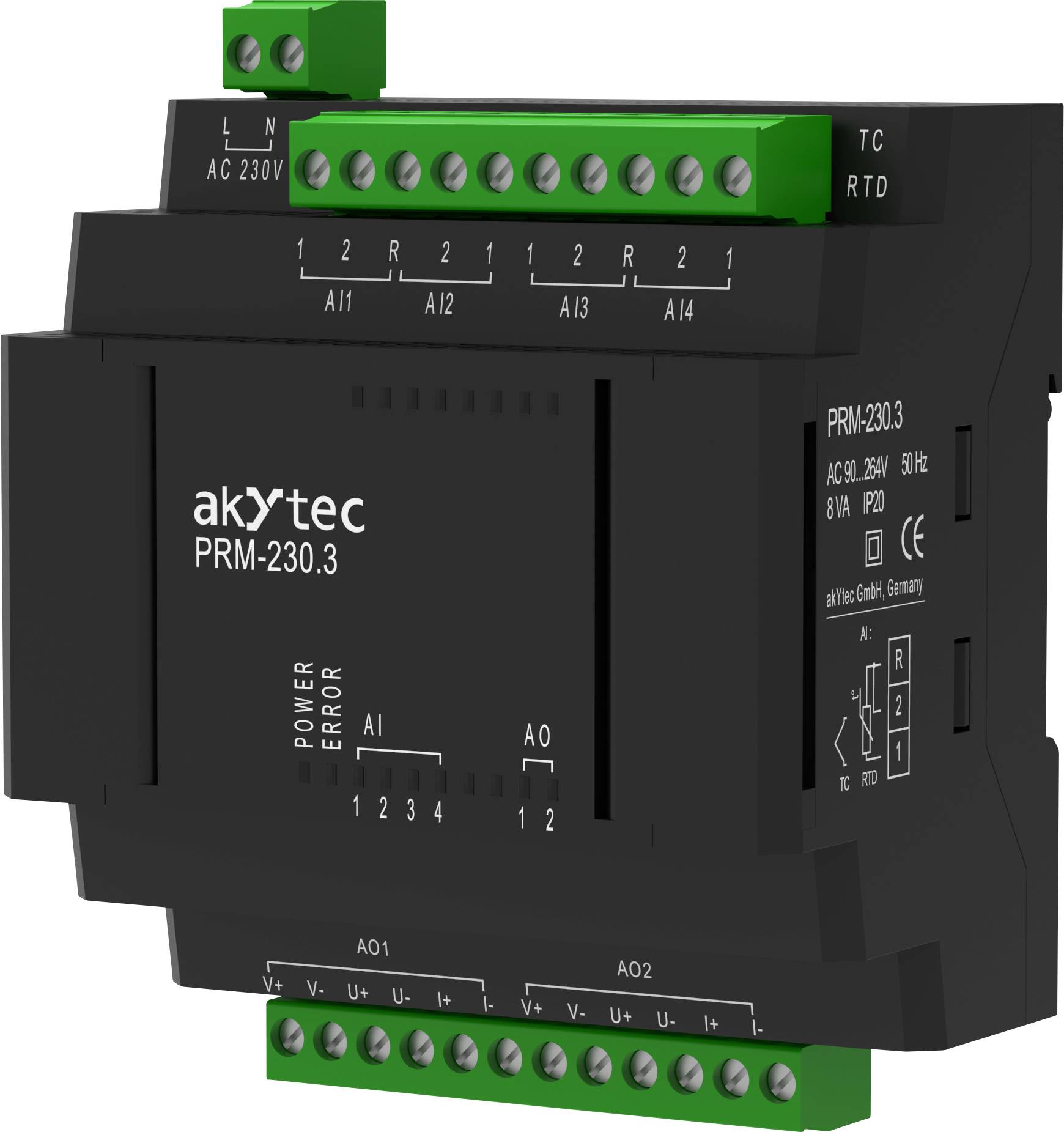 Černé elektronické zařízení se zelenými konektory a označením akYtec PRM-230.3; určené pro vstup/výstup elektrických signálů.