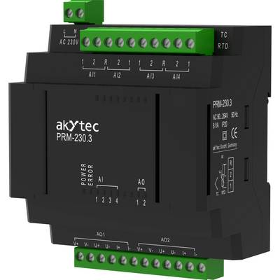 Černé elektronické zařízení se zelenými konektory a označením akYtec PRM-230.3; určené pro vstup/výstup elektrických signálů.