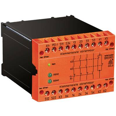 Elektronické zařízení s oranžovým předním panelem. Viditelné označené svorky a diagram elektrického zapojení.