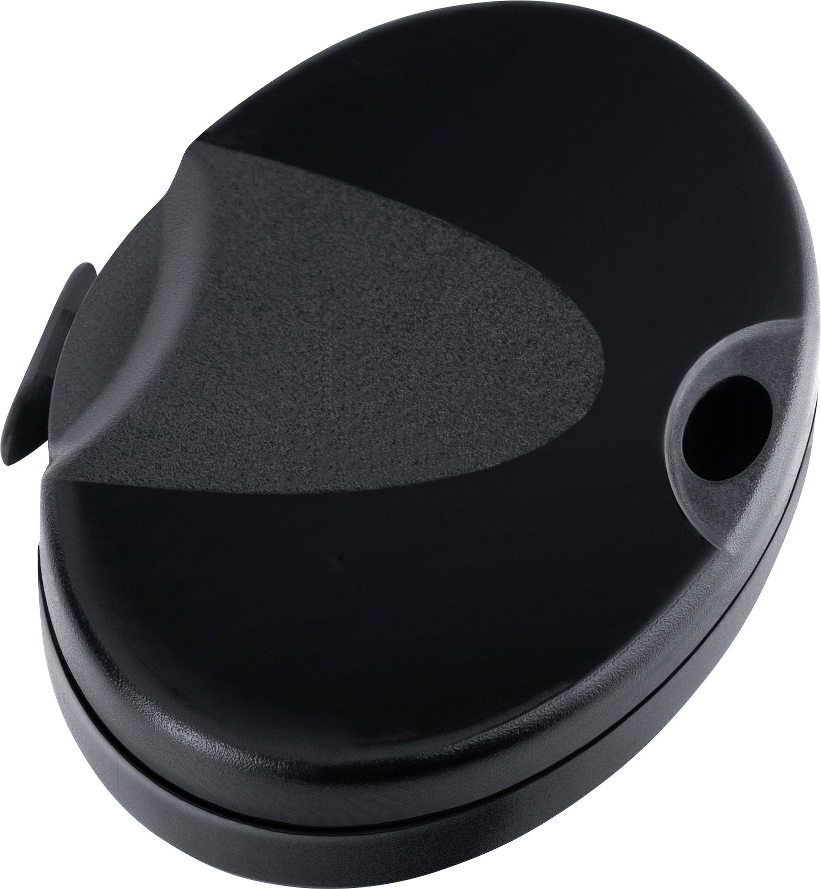 Černý, oválný plastový kryt s prohlubní a postranním otvorem.