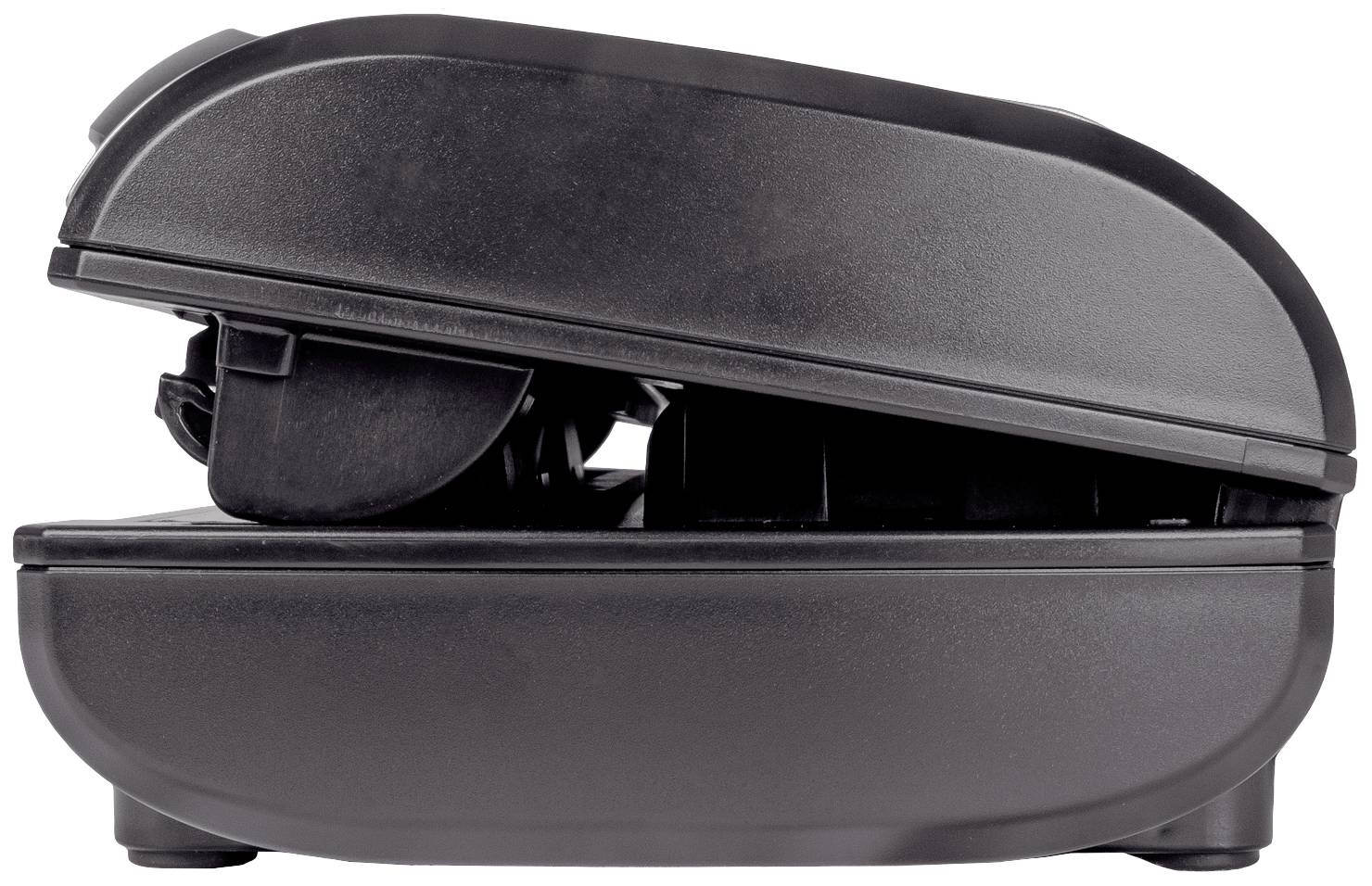 Uzavřený, kompaktní kuchyňský spotřebič s černým tělem, pravděpodobně sendvičovač nebo vaflovač, pohled z boku.