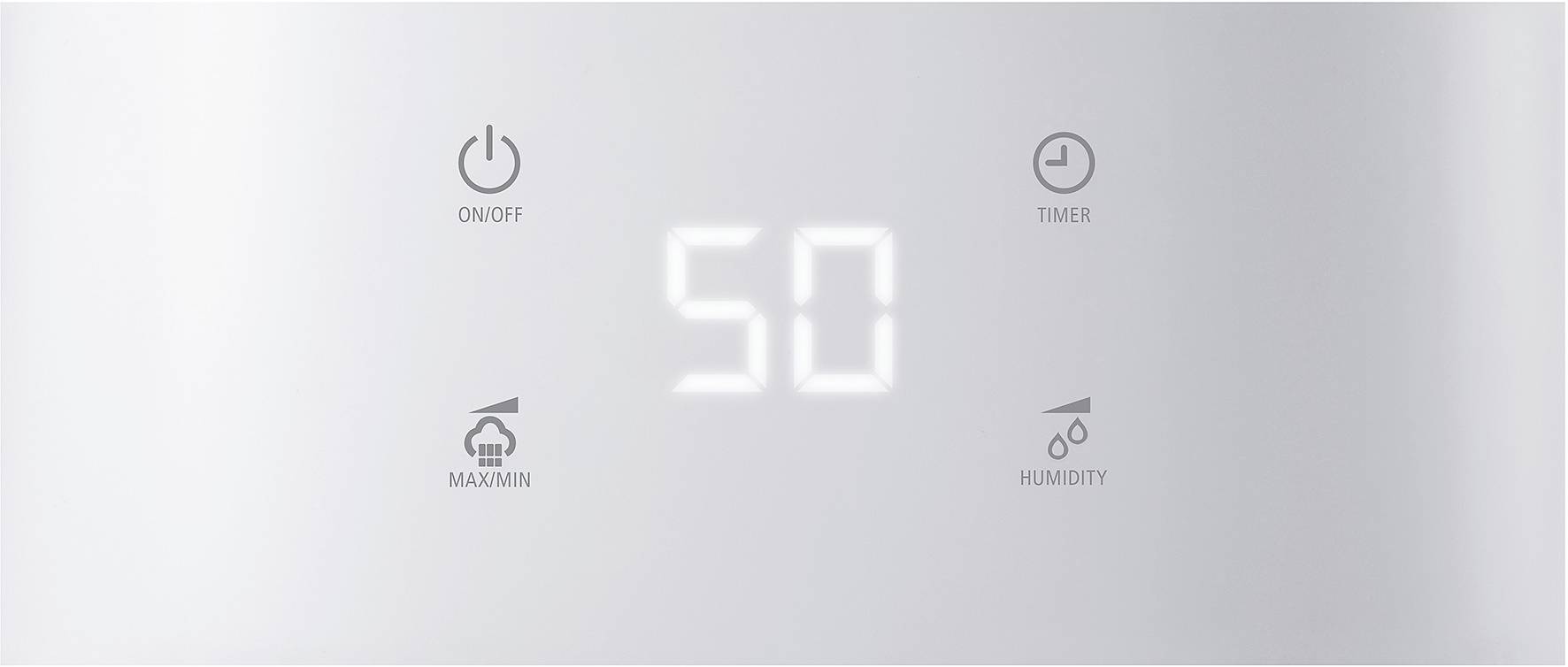 Displej zvlhčovače vzduchu s digitálním displejem. Uprostřed zobrazuje '50', obklopený symboly pro zapnutí/vypnutí, časovač, max/min a vlhkost vzduchu.