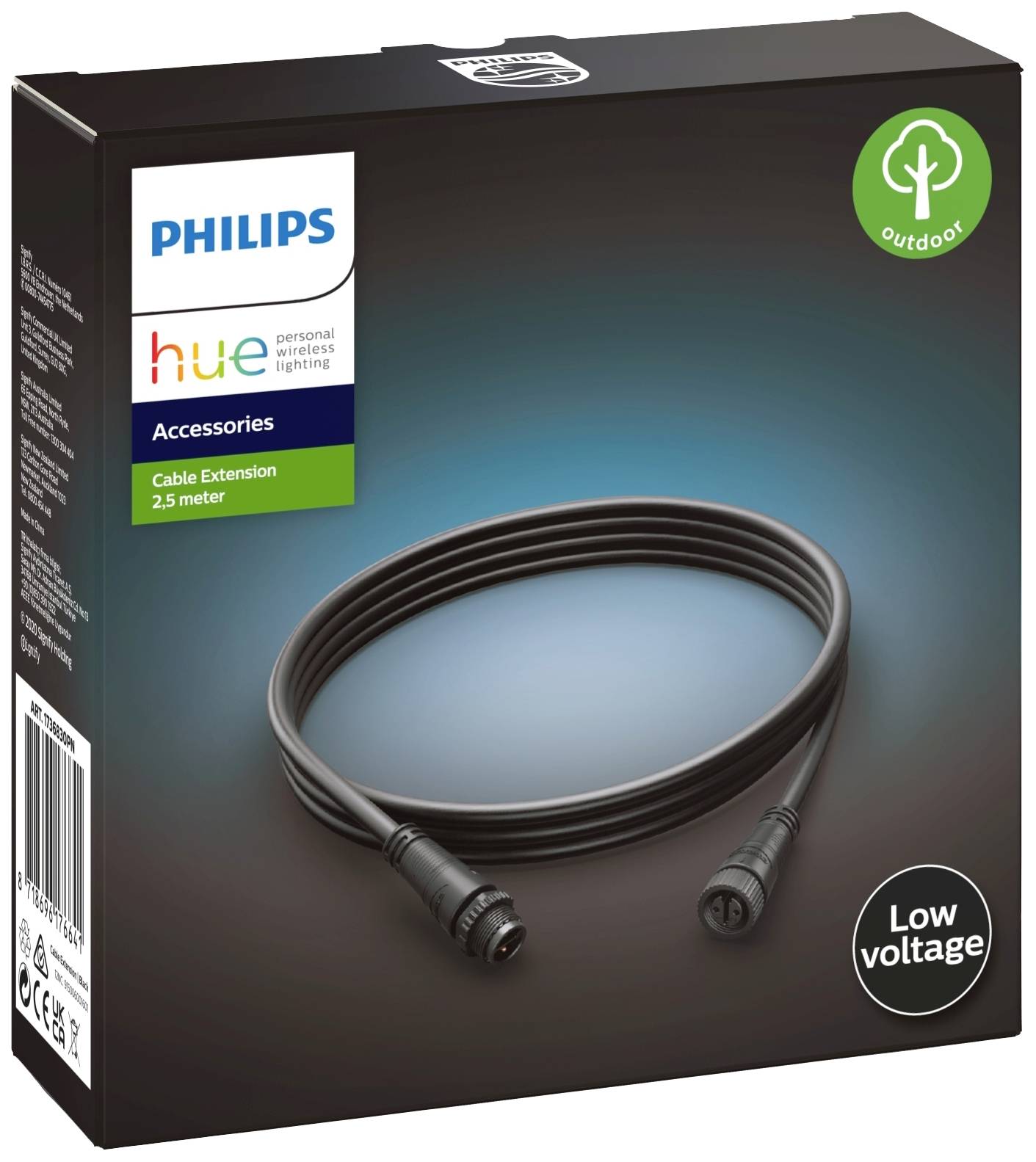 Prodlužovací kabel Philips Hue 2,5m pro venkovní použití, nízkonapěťový, zobrazený v černém obalu. Vhodný pro venkovní osvětlení.