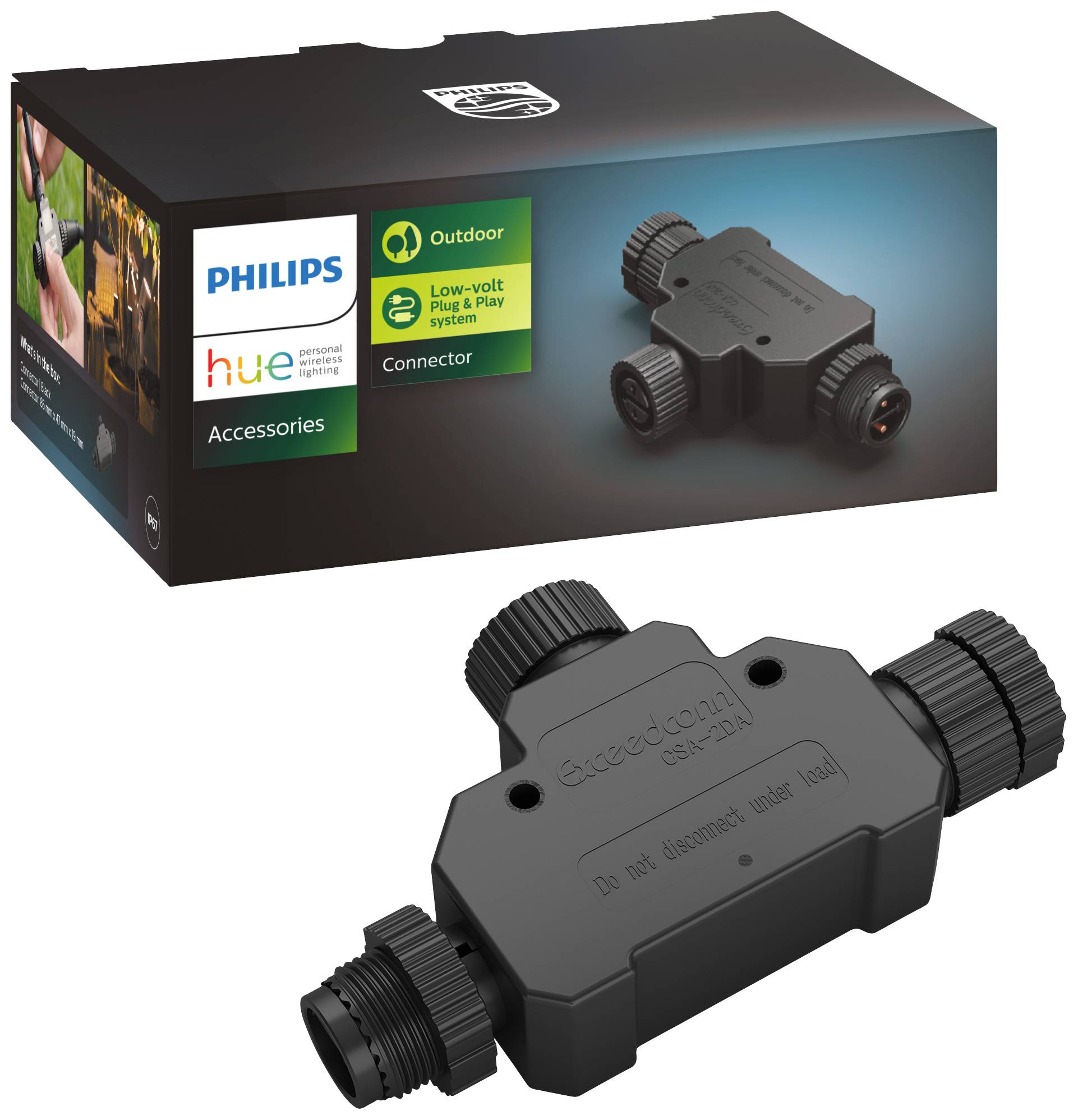 Černá venkovní zásuvka Philips Hue v obalu. Balení zobrazuje symboly pro venkovní použití a kompatibilní systémy.