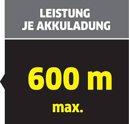 'Výkon je nabití akumulátoru: 600 m max.' bílým a žlutým písmem na černém pozadí.