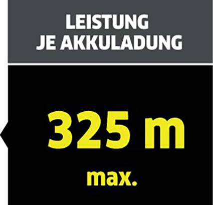 'Výkon je nabití akumulátoru: 325 m max.' je napsáno žlutým písmem na černém pozadí.