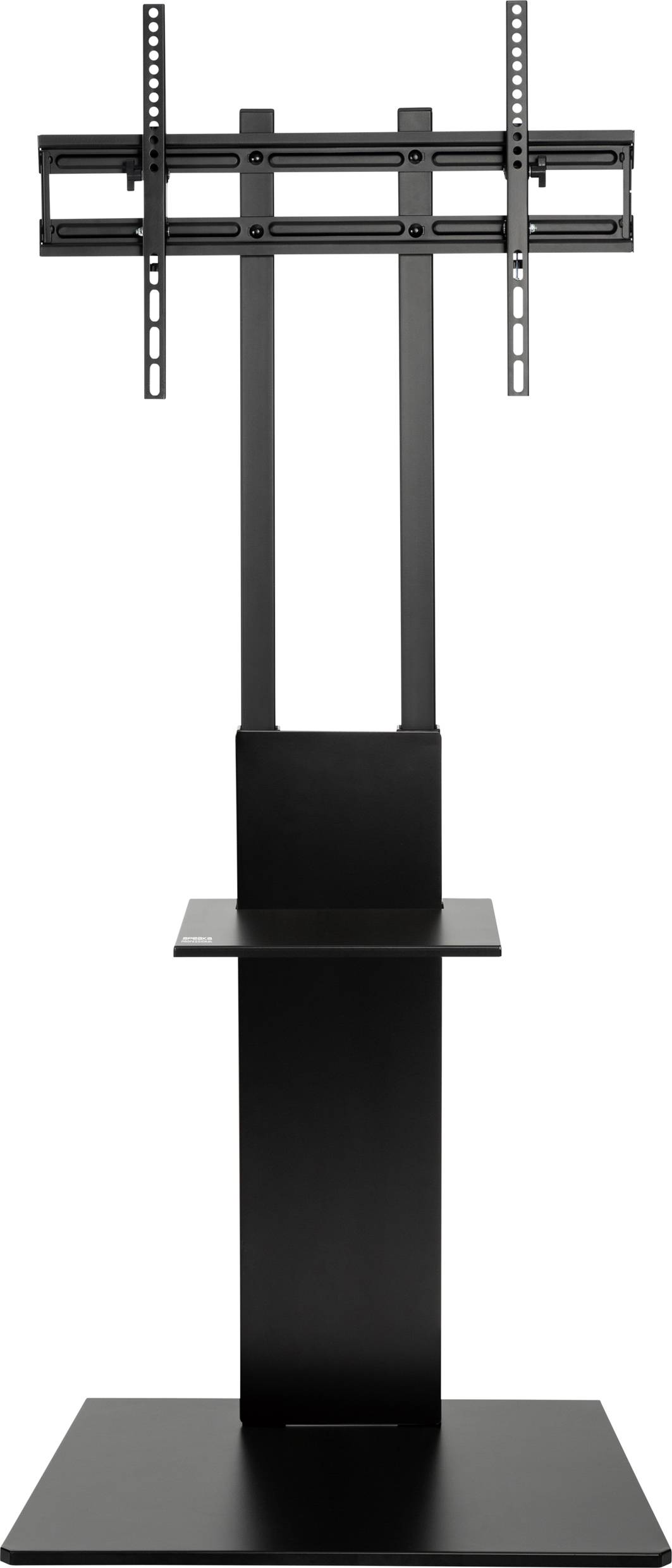 Černý TV stojan s obdélníkovou základnou a výškově nastavitelným držákem. Vhodný pro velké obrazovky, stabilní a moderní design.