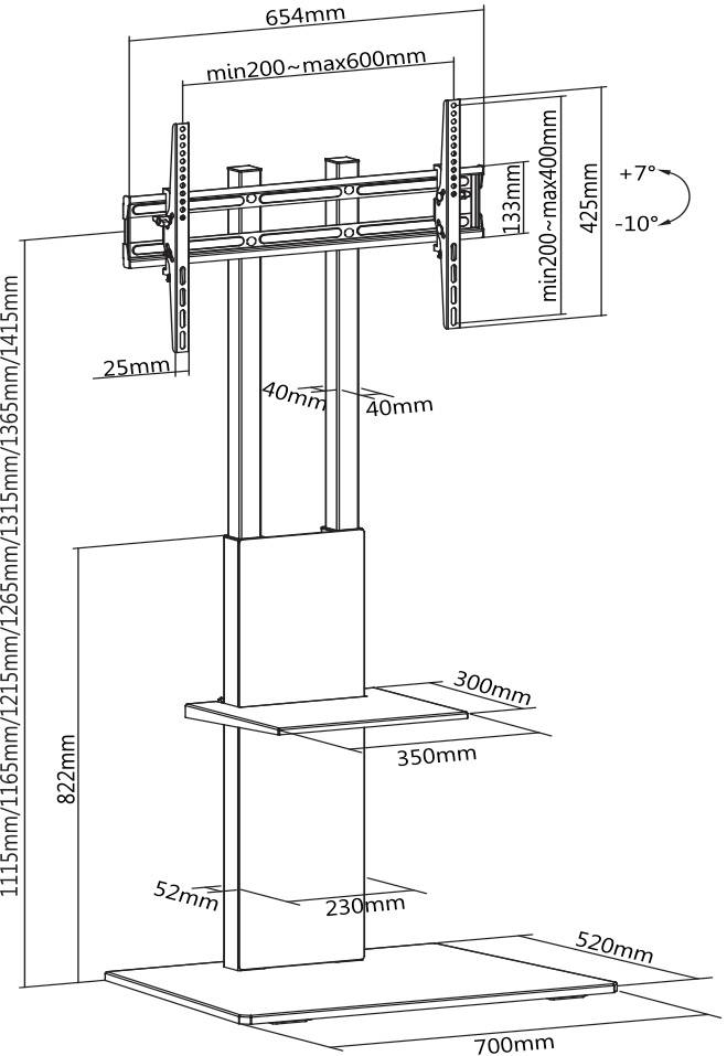 Diagram stojanu na televizi s rozměry: výška nastavitelná 1135-1415 mm, šířka 654 mm, hloubka 700 mm. Nastavitelný úhel náklonu +7°/-10°.