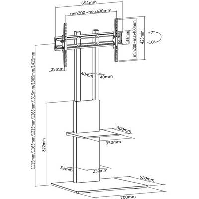 Diagram stojanu na televizi s rozměry: výška nastavitelná 1135-1415 mm, šířka 654 mm, hloubka 700 mm. Nastavitelný úhel náklonu +7°/-10°.