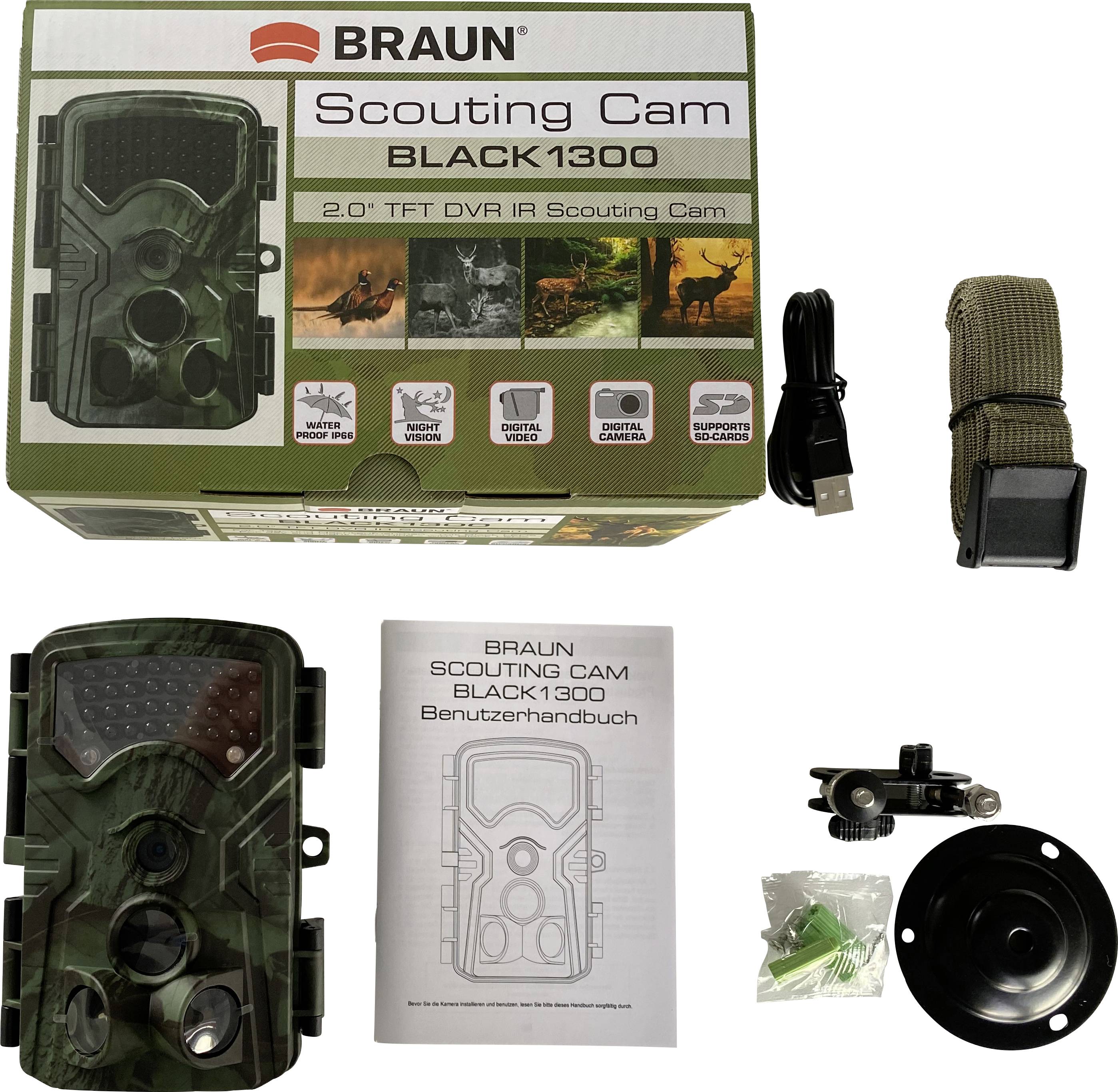 Obal 'BRAUN Scouting Cam BLACK1300' zobrazující kameru, USB kabel, popruh, držák, šrouby a uživatelskou příručku.