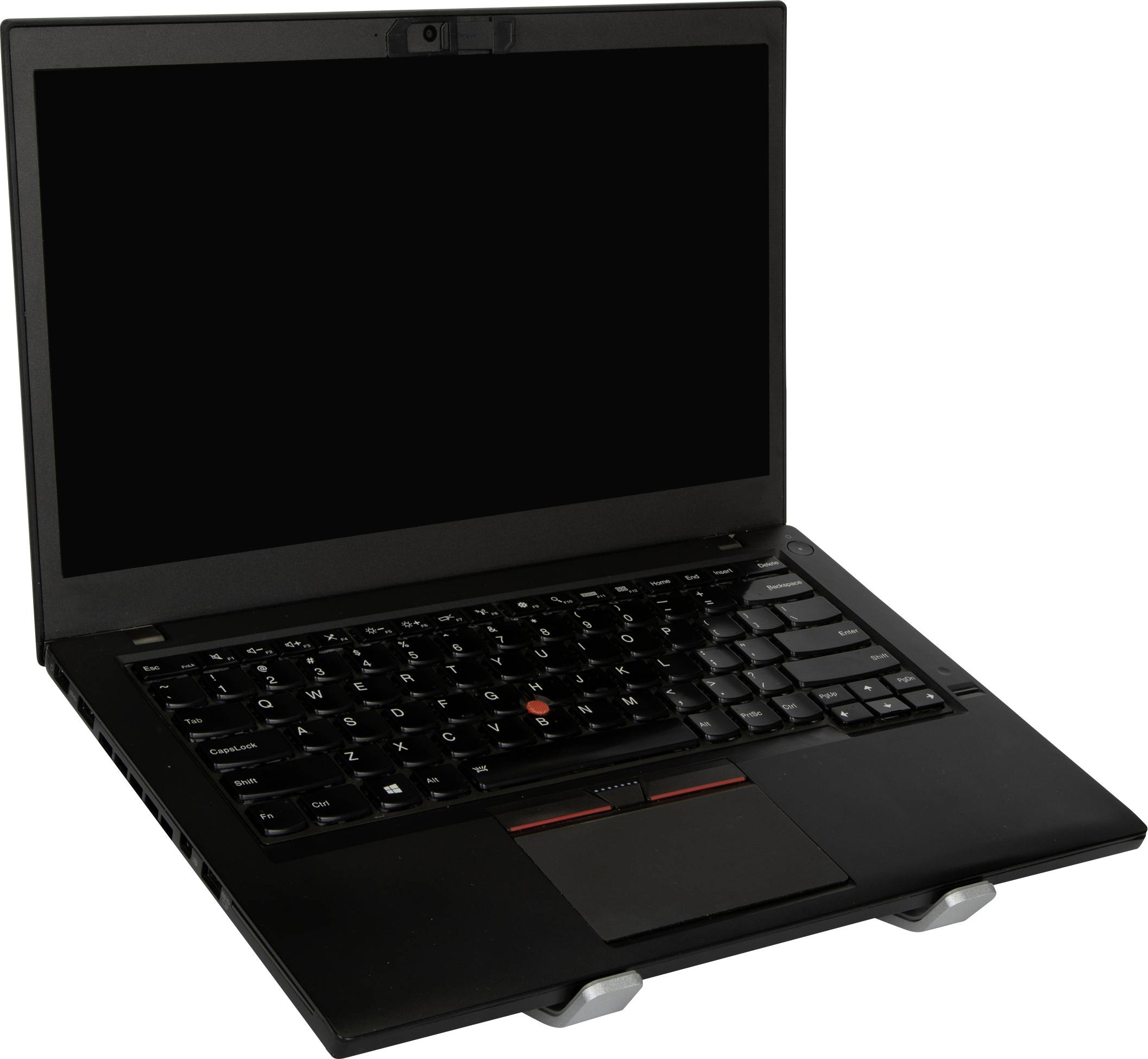 Otevřený laptop s černým tělem a klávesnicí. Obrazovka je vypnutá.