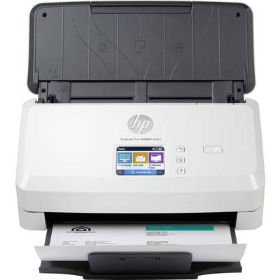 Bílý skener s logem HP, otevřeným podavačem dokumentů a displejem. Právě probíhá skenování papíru.