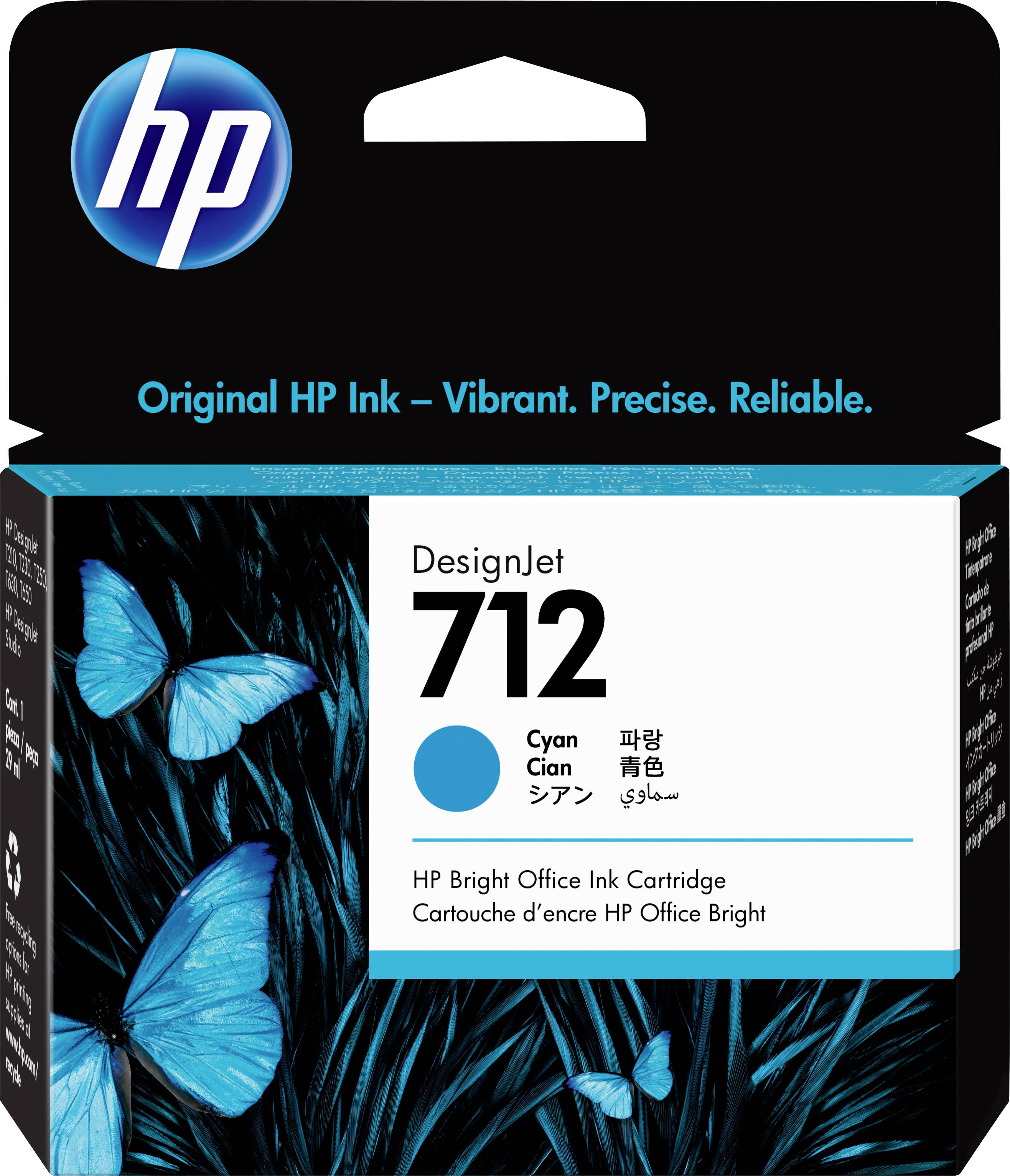 Inkoustová kazeta HP DesignJet 712 v azurové barvě. Obal s obrázkem modrých motýlů. Velké logo HP v levém horním rohu.