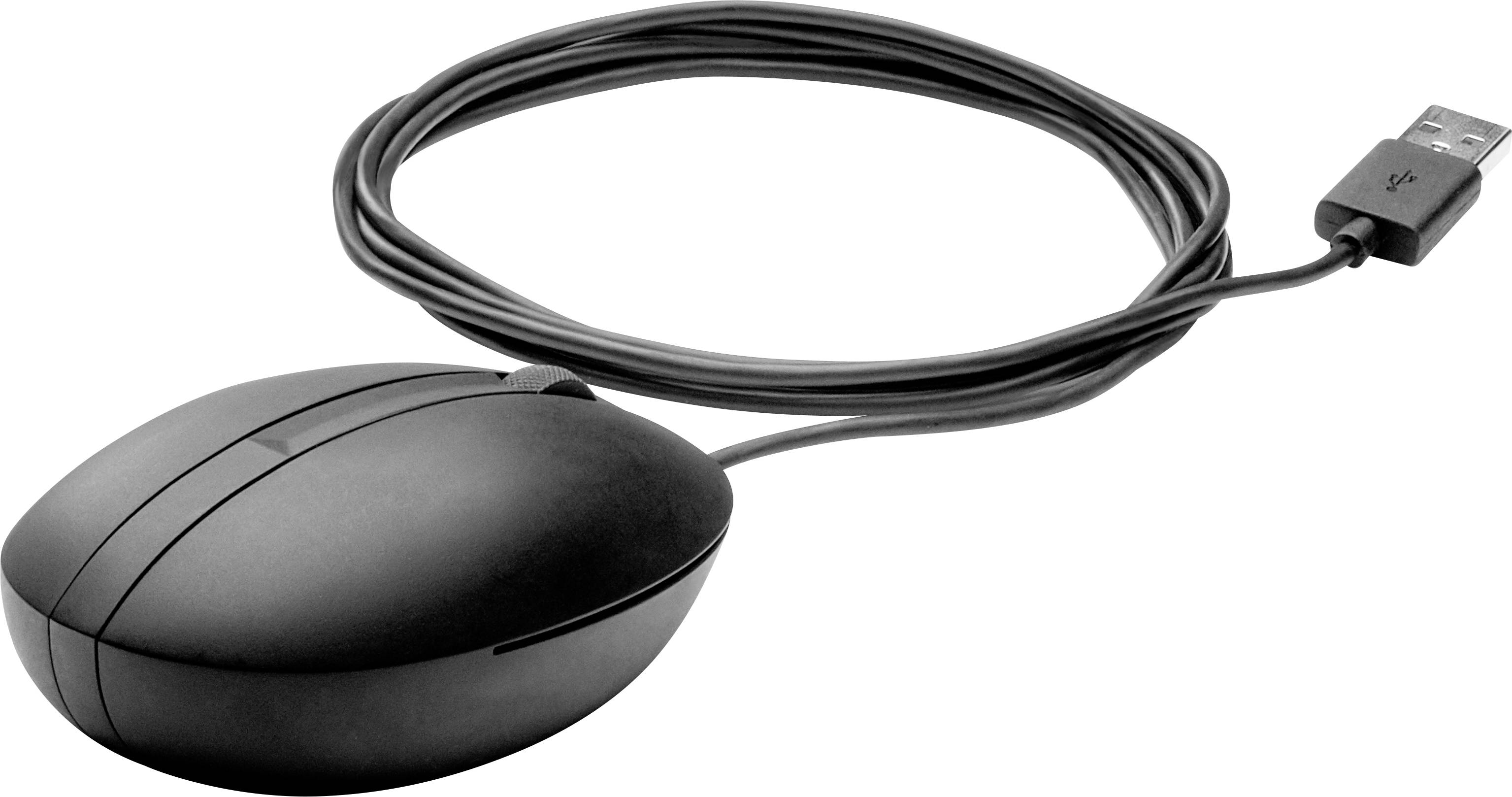 Černá drátová počítačová myš s USB připojením na bílém pozadí.