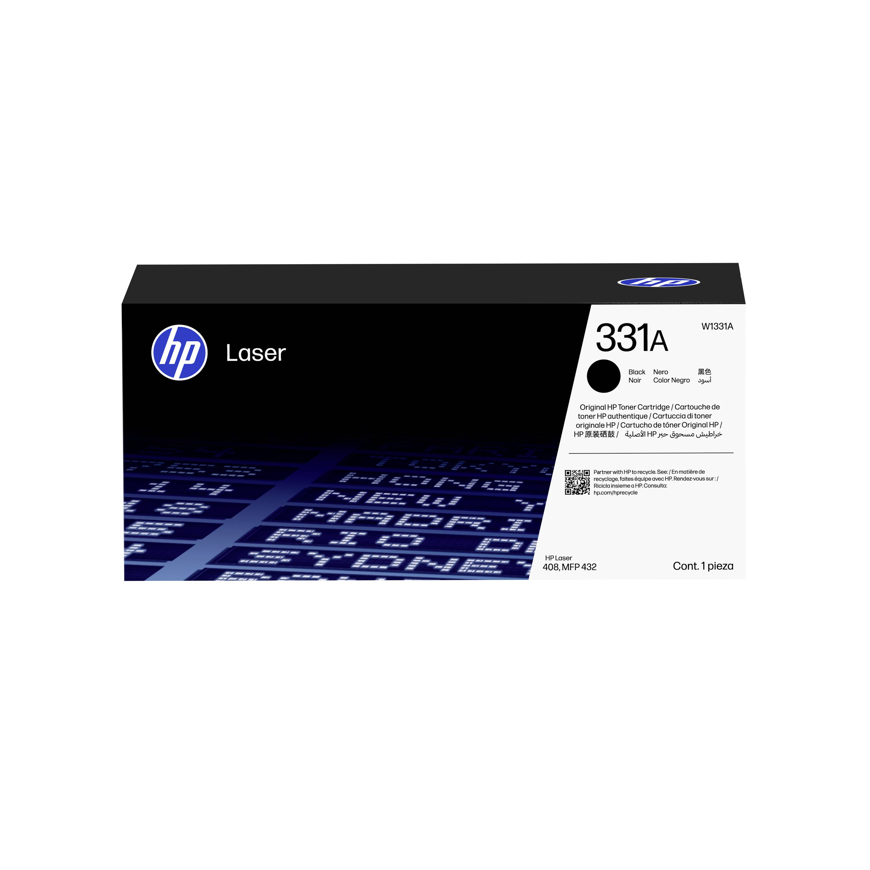 Krabička s černým tonerovou kazetu HP Laser 331A s logem HP a číslem produktu W1330A.