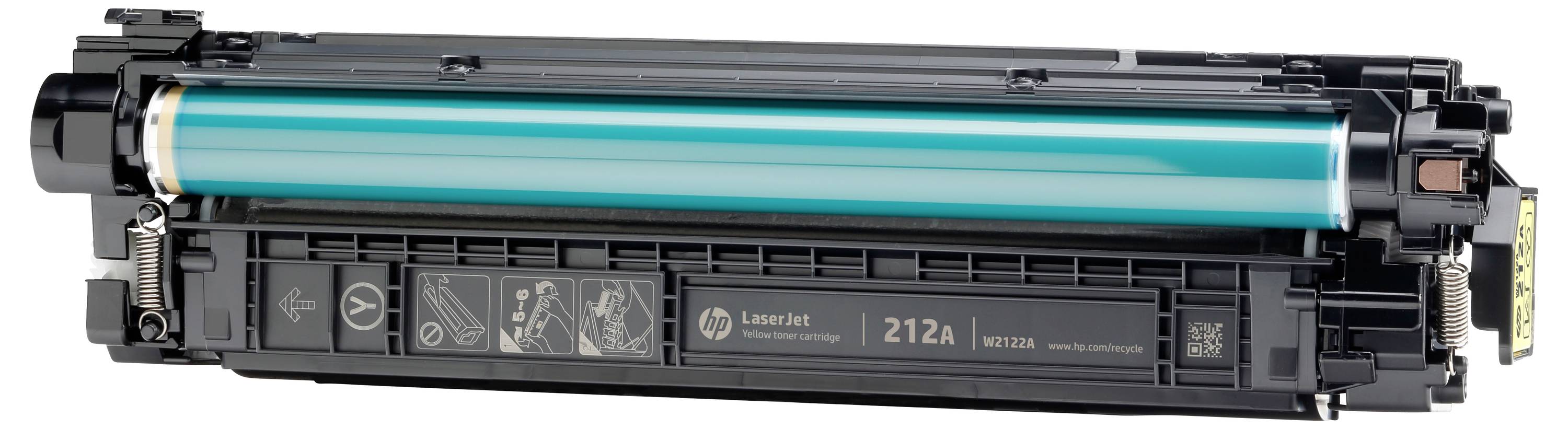 Tonérová kazeta HP LaserJet 212A s modrou bubnovou jednotkou, zobrazená v bočním pohledu na bílém pozadí.