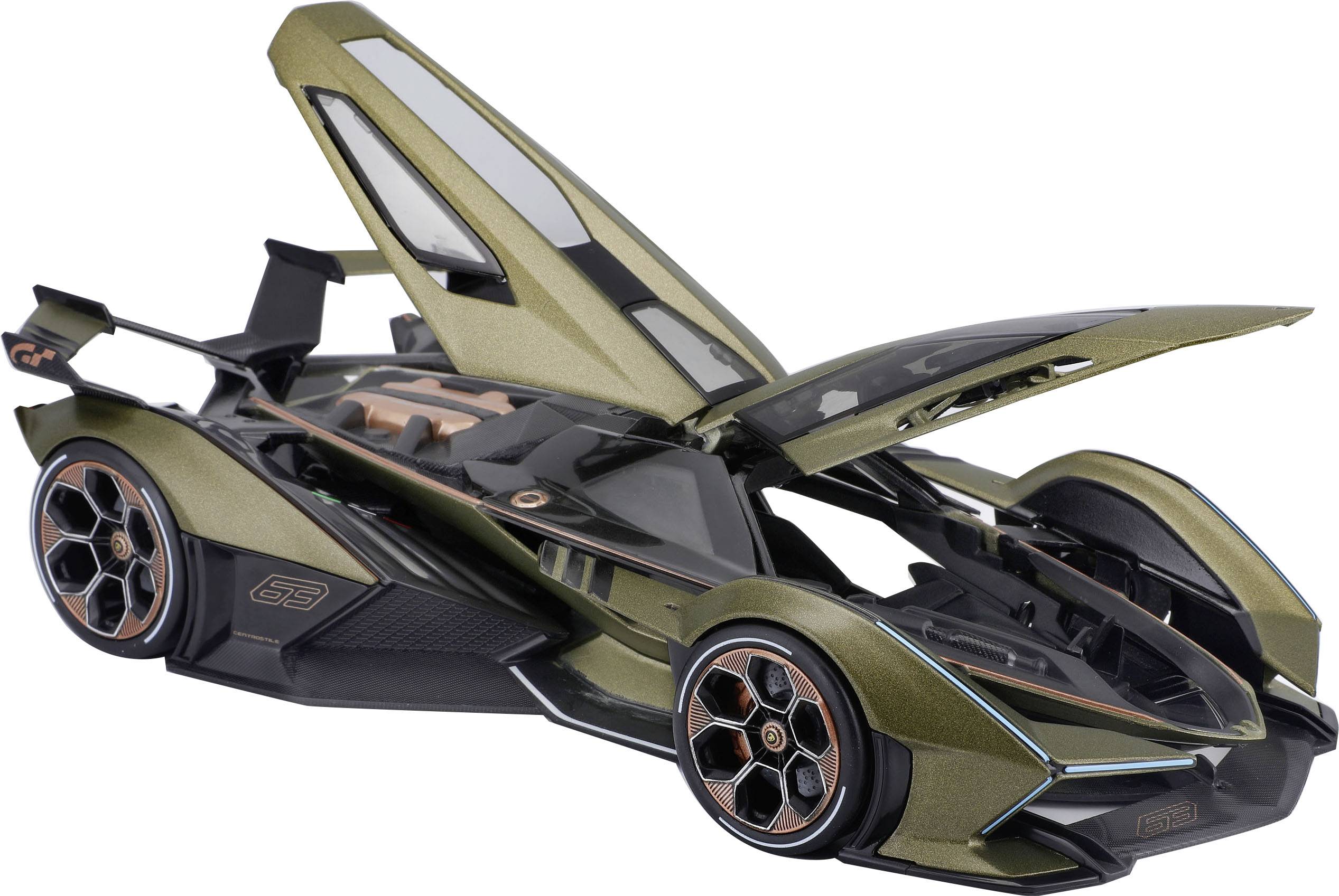 Futuristické hračkářské auto se zlatou karoserií a otevřenými křídlovými dveřmi. Působí rychle a sportovně, ideální pro sběratele.