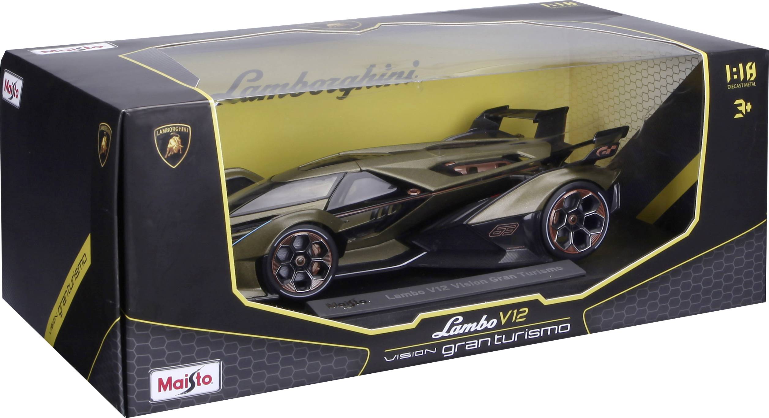 Model auta 'Lambo V12 Vision Gran Turismo' v černé krabici, měřítko 1:18, se zlatými akcenty a detaily.