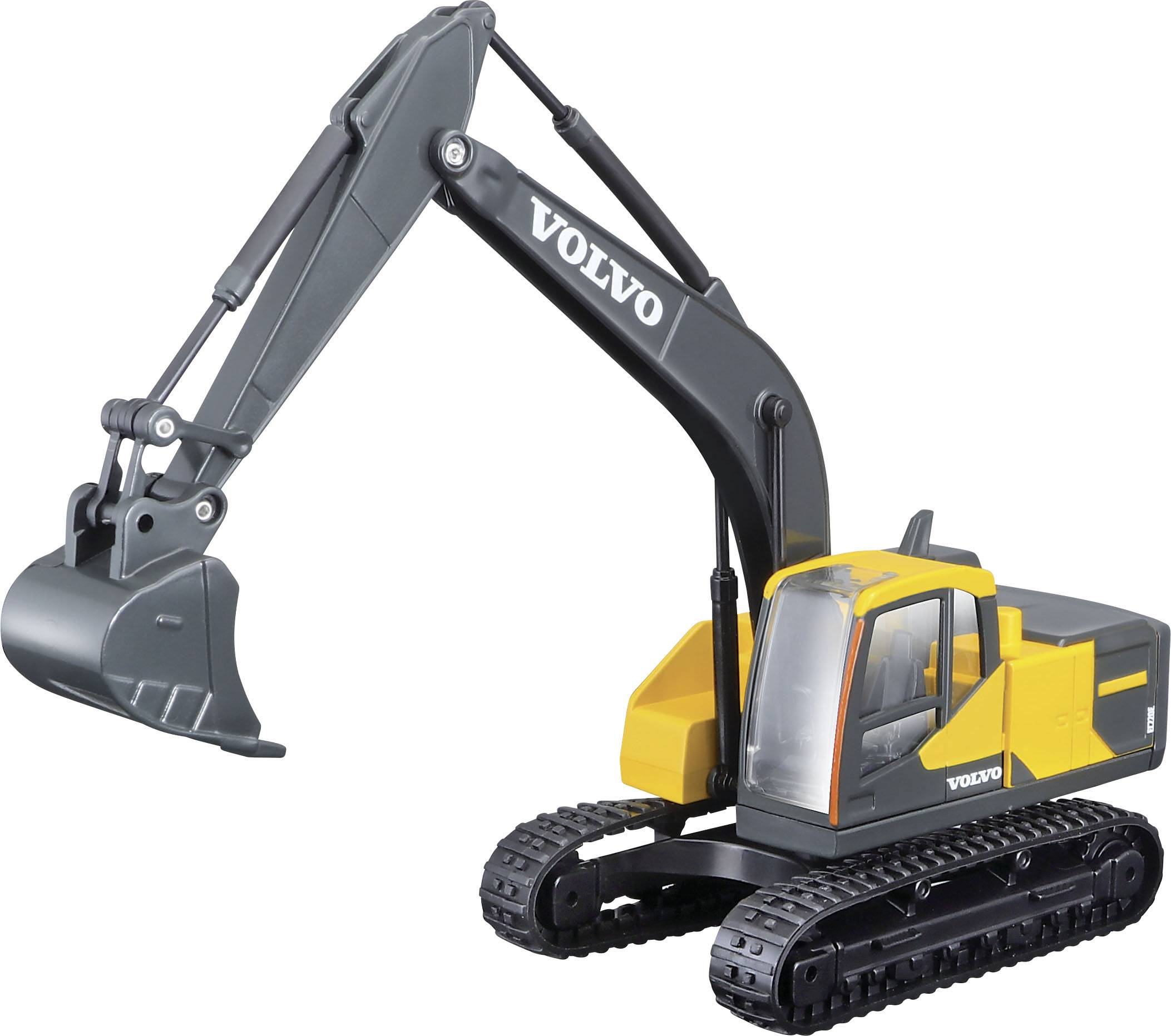 Žlutý a šedý hračkový model bagru s nápisem 'Volvo' na rameni.