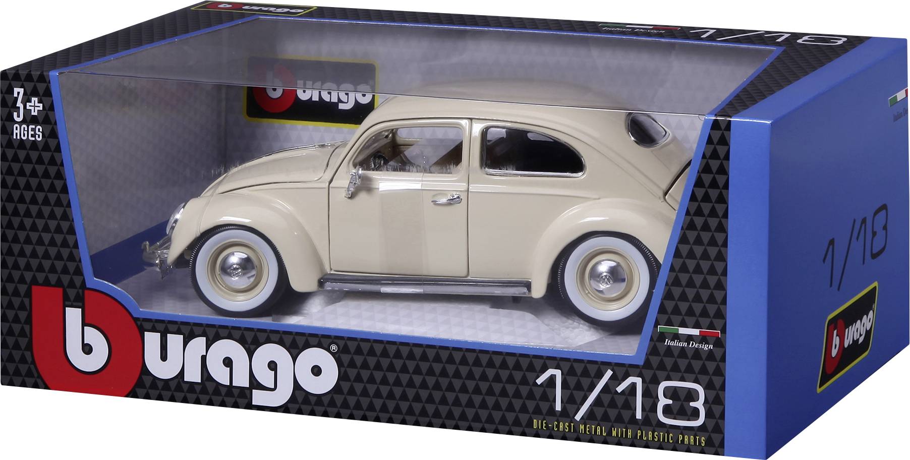 Model hračky smetanového VW Brouka v měřítku 1:18, v modré krabičce značky Burago. Vhodné pro děti od 7 let.