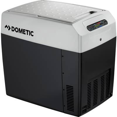 Přenosná chladnička Dometic se stříbrným tělem a ovládacím panelem na přední straně, vhodná pro kempování nebo cestování.