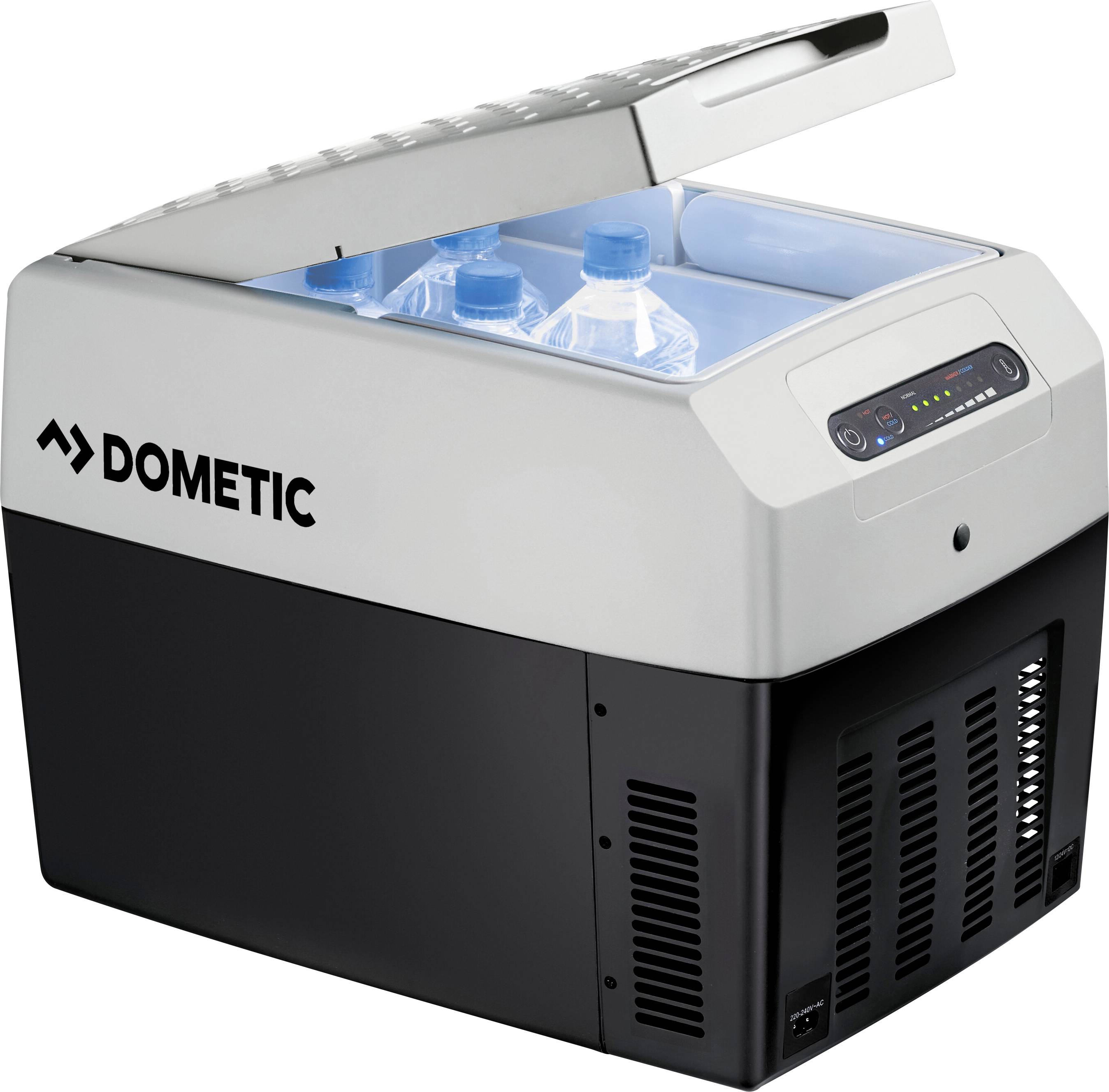 Přenosný mini chladicí box s otevřeným víkem, uvnitř viditelné několik lahví s vodou. Značka 'Dometic' je umístěna na boku.
