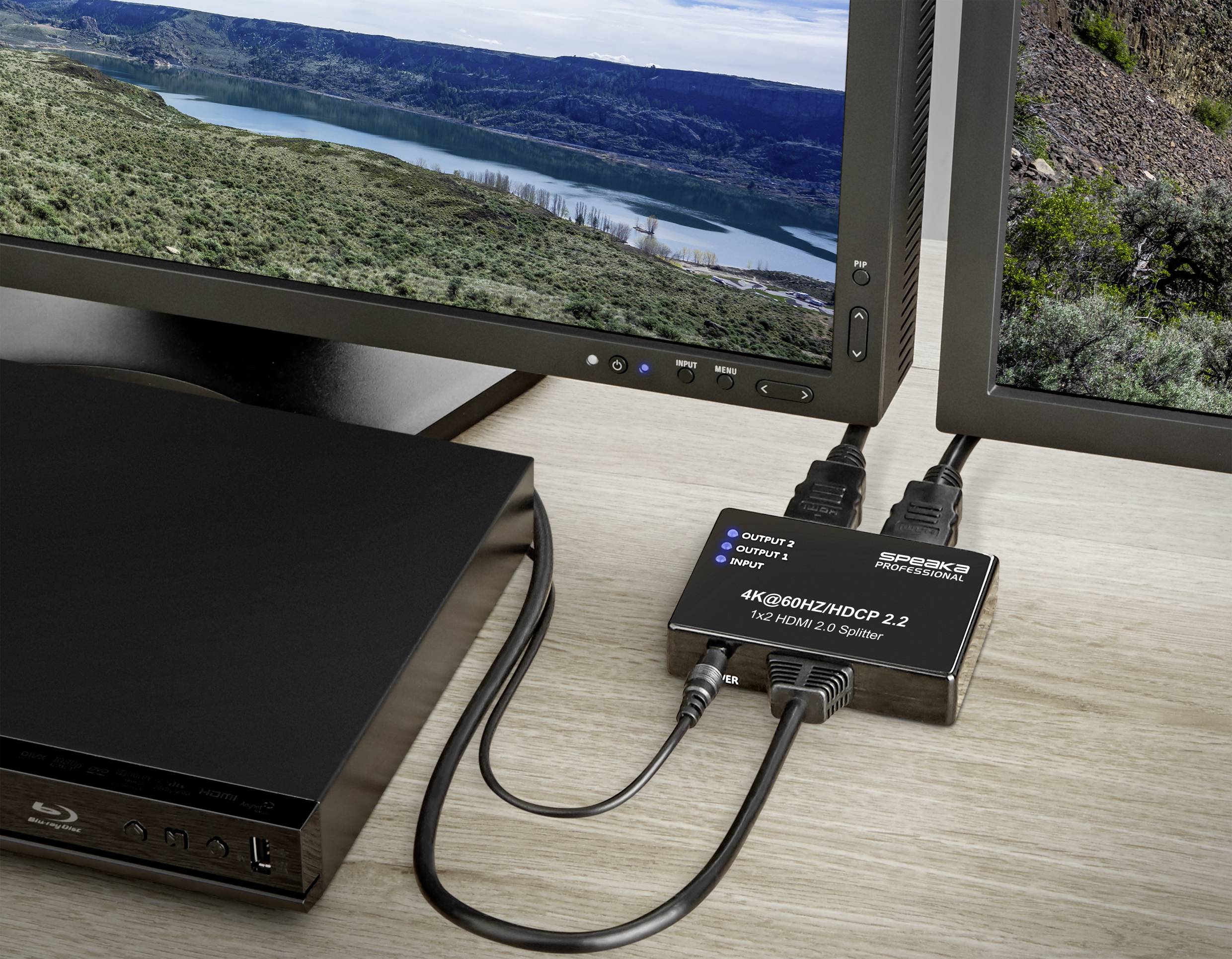 HDMI rozbočovač propojuje Blu-ray přehrávač se dvěma monitory. Monitory zobrazují krajinný výhled.