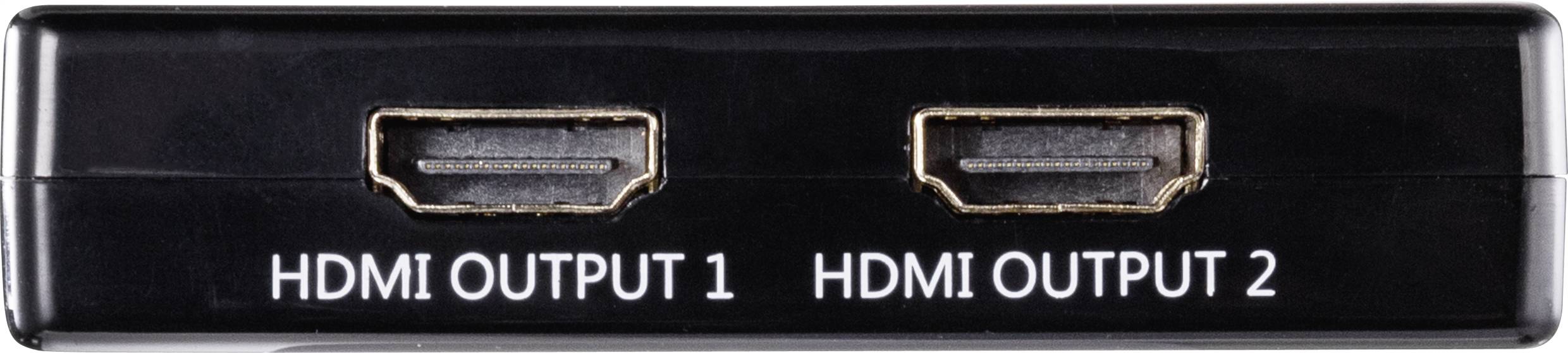 Černé zařízení se dvěma HDMI výstupy, označené jako 'HDMI OUTPUT 1' a 'HDMI OUTPUT 2'.
