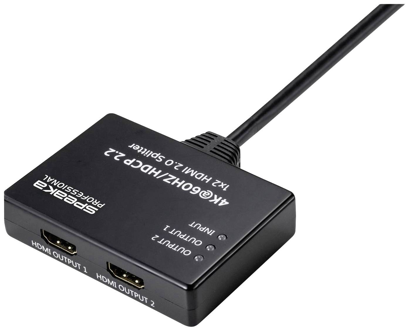 Černý HDMI rozbočovač se dvěma výstupy a jedním vstupem, vhodný pro 4K60Hz a HDCP 2.2.
