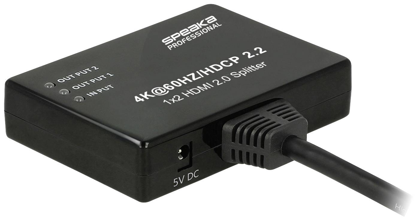 Černý HDMI rozbočovač s nápisem '4K@60Hz/HDCP 2.2', který má dva výstupy a jeden vstup. Viditelný napájecí konektor 5V DC.