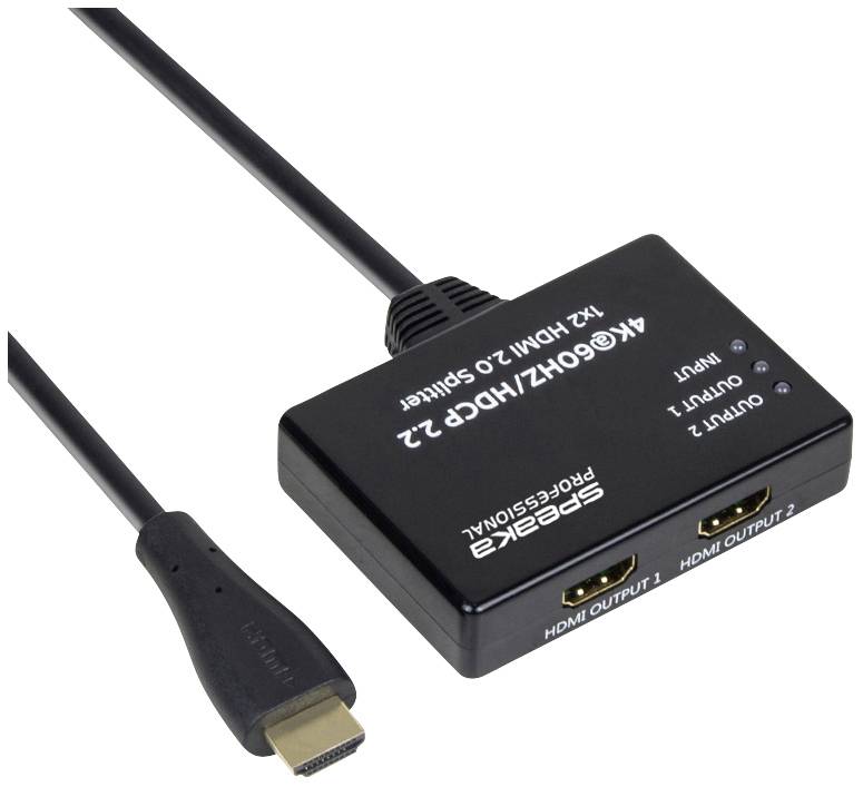 HDMI-splitter se dvěma výstupy, jeden vstup. Označen jako '4Kx60Hz/HDCP1.4'. Pro propojení několika HDMI zařízení.